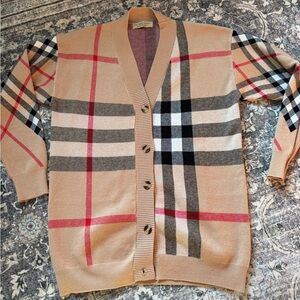 Beige Plaid Cardigan Sweater